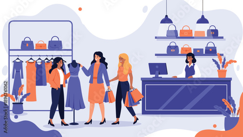 Group of friends enjoying a shopping trip in a modern clothing boutique with a friendly shop assistant at the counter.