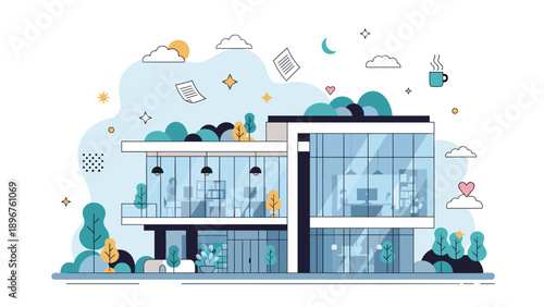 Modern glass office building with a creative architectural design surrounded by icons of work, nature, and inspiration.