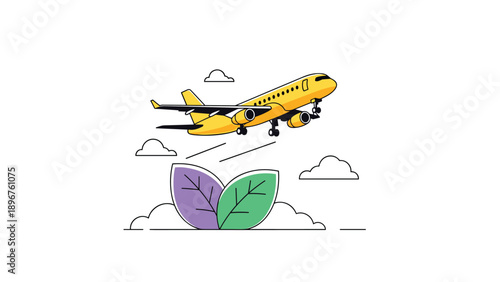 Sustainable aviation concept featuring a yellow airplane flying over green leaves symbolizing eco friendly air travel.