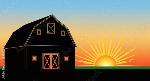 Rustic barn silhouette at vibrant sunset with golden glow and blue gradient sky