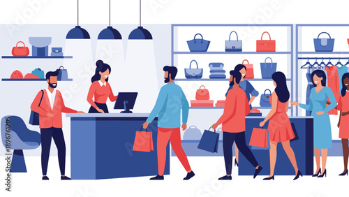 Busy interior of a fashion boutique where customers browse shelves of luxury handbags and wait at the service counter.