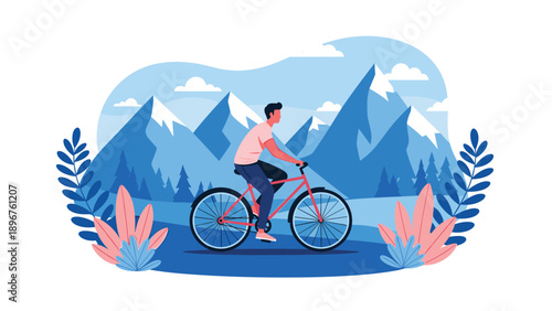 Young man enjoys a scenic bike ride through a mountainous landscape with blue peaks and forest trees in flat design.