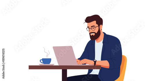 Professional man with glasses and a beard works diligently on his laptop at a table with a hot cup of coffee.