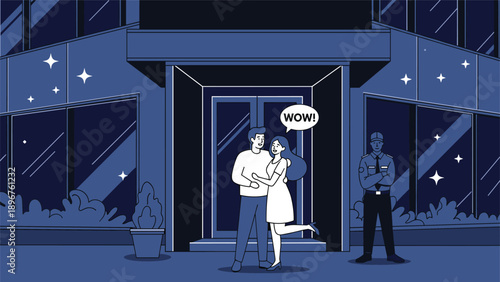 Excited couple celebrates in front of a modern building at night while a security guard stands watch by the entrance.