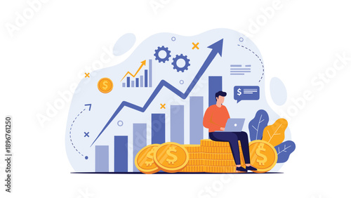 Successful businessman sits on a stack of gold coins with a rising bar graph and arrow representing financial growth.