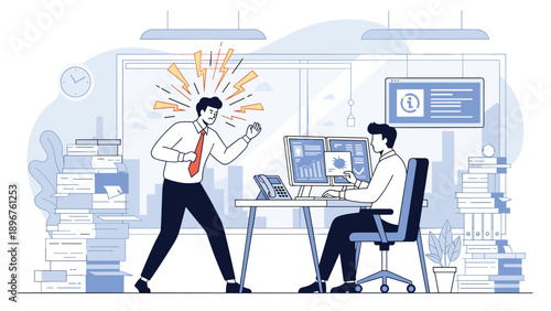 Angry boss yells at a stressed employee in an office filled with overwhelming stacks of paperwork and data.