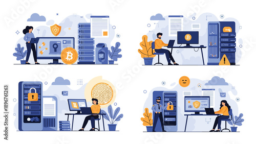 Series of illustrations depicting cybersecurity experts monitoring servers and protecting digital data from threats.
