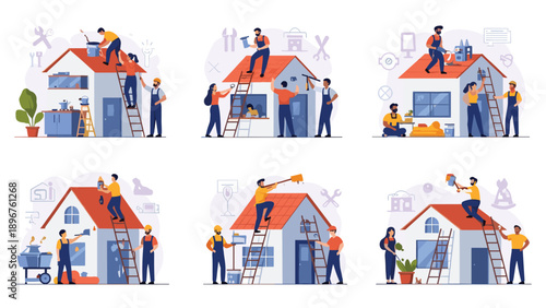 Diverse group of construction workers collaborates on building and repairing the roof and walls of a small house.