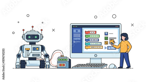 Young girl uses a computer with a visual programming interface to control and program a small desktop robot.