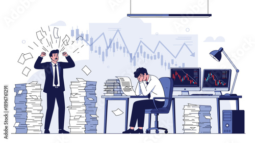 Overwhelmed office workers react with stress and despair to a crashing stock market chart on their computer screens.