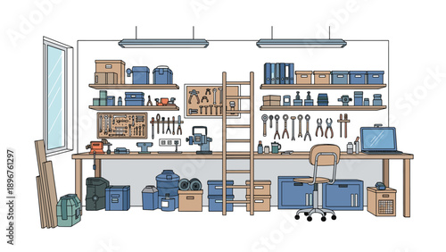 Well-organized home workshop or garage interior with various tools neatly arranged on shelves and a workbench with a laptop computer.