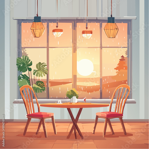 Romantic Cafe at Sunset Flat Vector Illustration