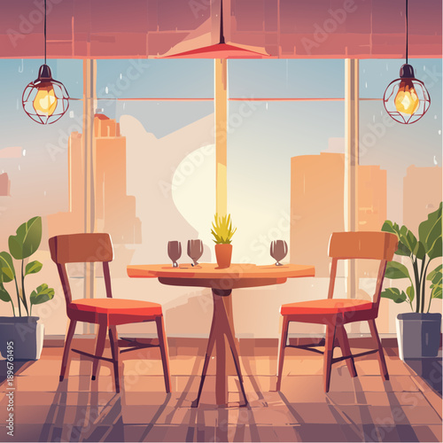 Romantic Cafe at Sunset Flat Vector Illustration