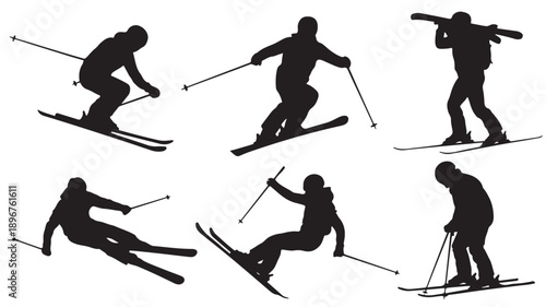 Skiers Silhouettes Set Skiing Downhill and Carrying Skis Isolated on White Vector Illustration