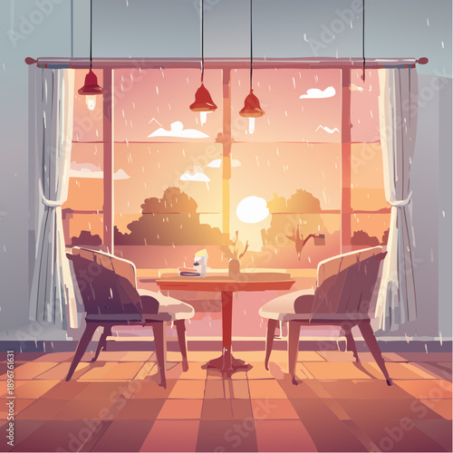 Romantic Cafe at Sunset Flat Vector Illustration