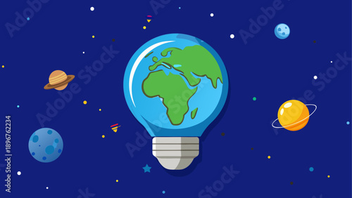 Earth planet inside glowing lightbulb in space with planets and stars for sustainability and innovation concept