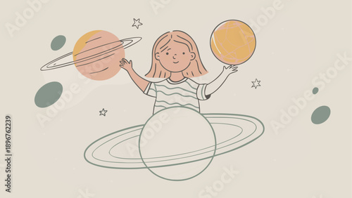 Young girl juggling planets in space with hula hoop solar system illustration