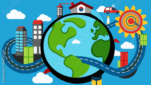 Global business travel concept with magnifying glass on world map and road highway under sunny sky