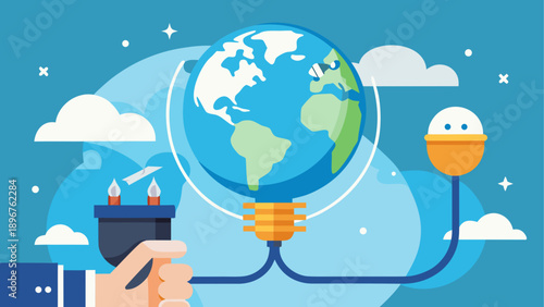 Hand plugging globe into lightbulb for eco energy concept with clouds and sky background