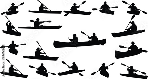 Kayak and canoe silhouette icons set, rowing athletes paddling in water, sports vector illustration, outdoor activity equipment, river adventure recreation, boating