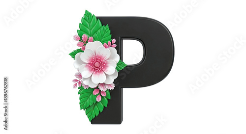 Letter P decorated with white and pink flowers and green leaves