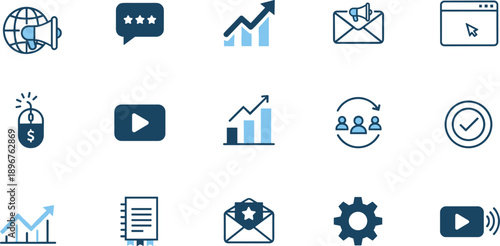 Digital marketing and business growth icons vector set, communication media analytics symbols, modern blue flat illustration collection