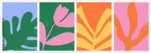 Colorful abstract botanical Matisse style poster set with floral shapes