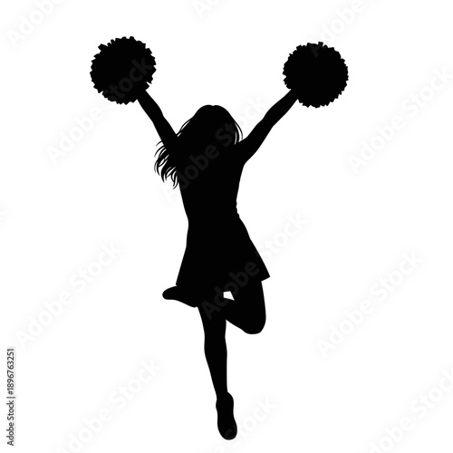 Silhouette of a cheerleader jumping with pom-poms in the air