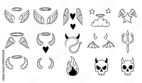 Hand Drawn Angel and Devil Attributes Doodle Symbol Set Vector Illustration