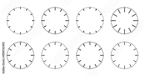 Circle watch face, analog clock face scale, round timer stopwatch sign.