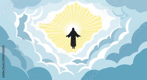 easter concept.Jesus Christ ascending into heaven surrounded by radiant light and clouds