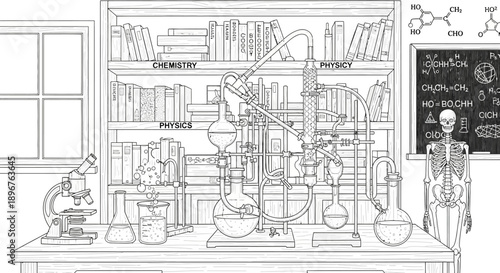 Detailed line art illustration of a vintage science laboratory with chemistry and physics equipment, educational concept