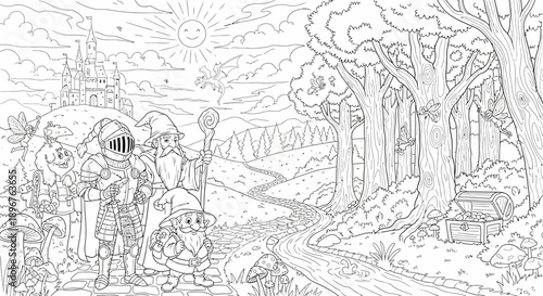 Detailed Fantasy Adventure Coloring Page with Knight, Wizard, Gnome, Castle, Forest Path, and Hidden Treasure