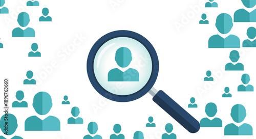 Magnifying glass over a person icon surrounded by many other people icons, representing recruitment