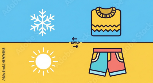Seasonal clothing swap concept with snowflake and sun symbols