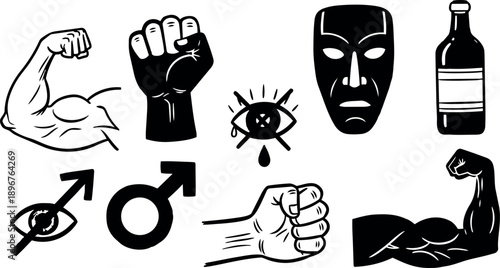 Black and white tattoo flash style muscle arm fist eye mask and bottle icon set with bold graphic shapes and strong contrast