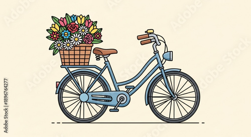 Vintage blue bicycle with brown leather saddle and handlebars adorned with colorful flowers in wicker basket on cream background
