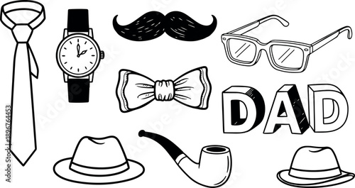 Black and white line art collection of classic dad accessories including tie watch pipe sunglasses bow tie mustache and hats with dad text
