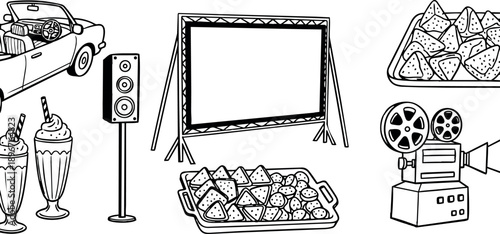 Black and white line art of outdoor movie night setup with vintage projector, convertible car, snacks tray, milkshakes, and large screen illustration