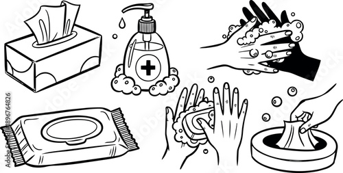 Black and white line art illustrations of hand washing with soap tissue box and wet wipes for hygienic cleaning and sanitizing routine in cartoon style