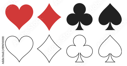 Playing card suits, classic hearts diamonds clubs spades signs, vector illustration.
