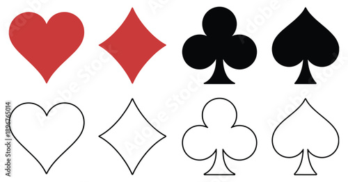 Playing card suits, classic hearts diamonds clubs spades signs, vector illustration.