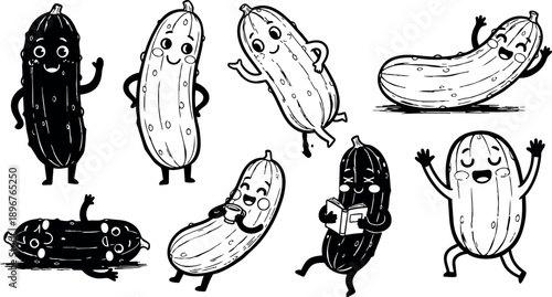 Black and white cartoon style smiling cucumber characters in various playful poses with expressive faces on white background