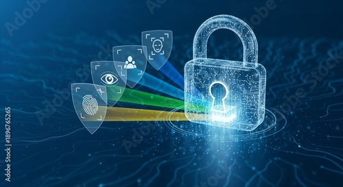 A conceptual cybersecurity visualization where a digital padlock icon is scrutinized by multiple layers of verification shields and scanning beams before granting access to a data node.