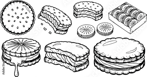 Black and white line art detailed drawing of assorted sandwich cookies with cream filling and dripping honey close up illustration