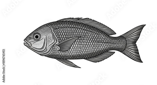 Vintage Engraved Fish Illustration Isolated on White Background. Detailed Aquatic Animal Drawing in Retro Style, Marine Life Artwork