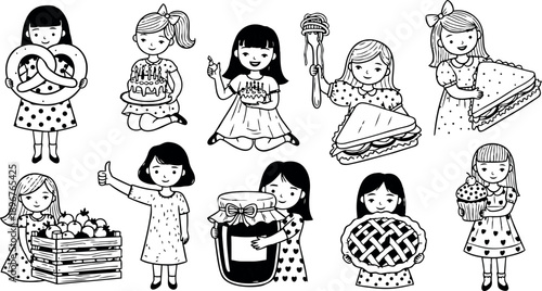 Black and white line art girls holding various food items including pretzel cake sandwich jar of jam cupcake and pie illustrations