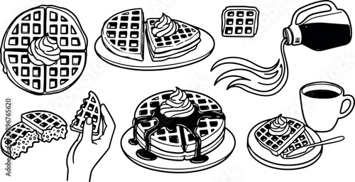 Line art close up of hand holding bitten waffle with syrup pour coffee cup and whipped topping on plates stacked plate