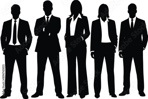 Business professional silhouette icon set, individuals in suits and pantsuits, black vector illustration, corporate identity theme, isolated on white background