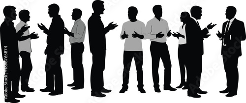 Conversation pair silhouette icon set, people in dialogue, casual and formal attire, black vector illustration, communication theme, isolated on white background